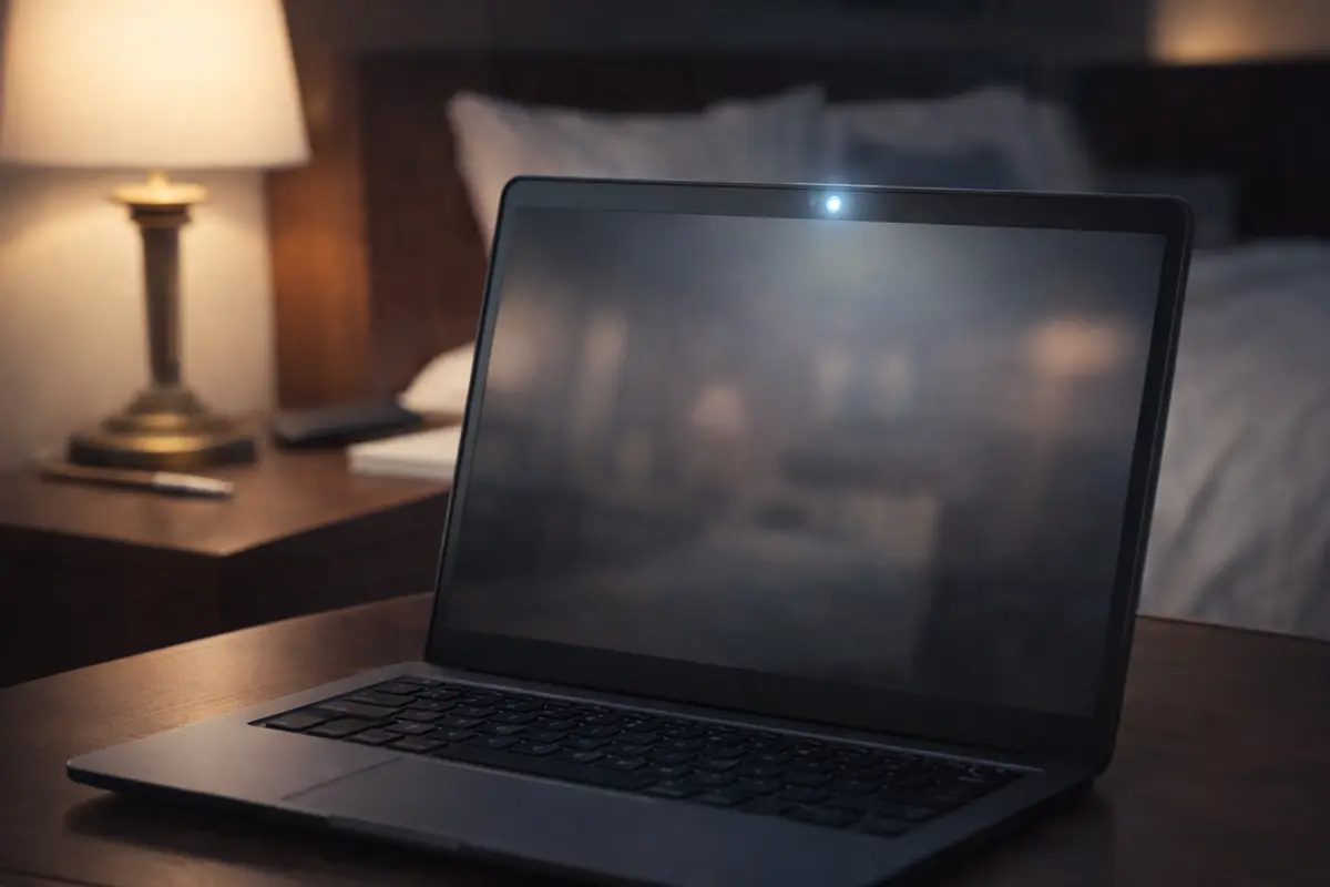 A laptop on a hotel nightstand, quietly watching the room with Silent Guard