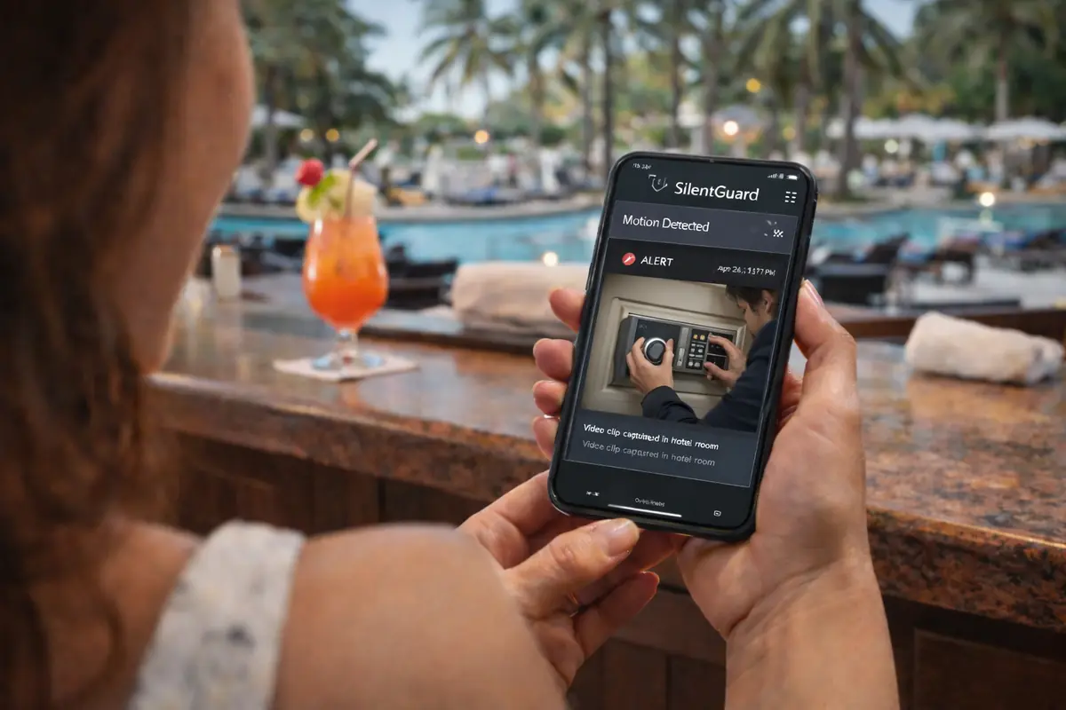 A traveller at a resort bar gets a Silent Guard alert showing someone at the room safe