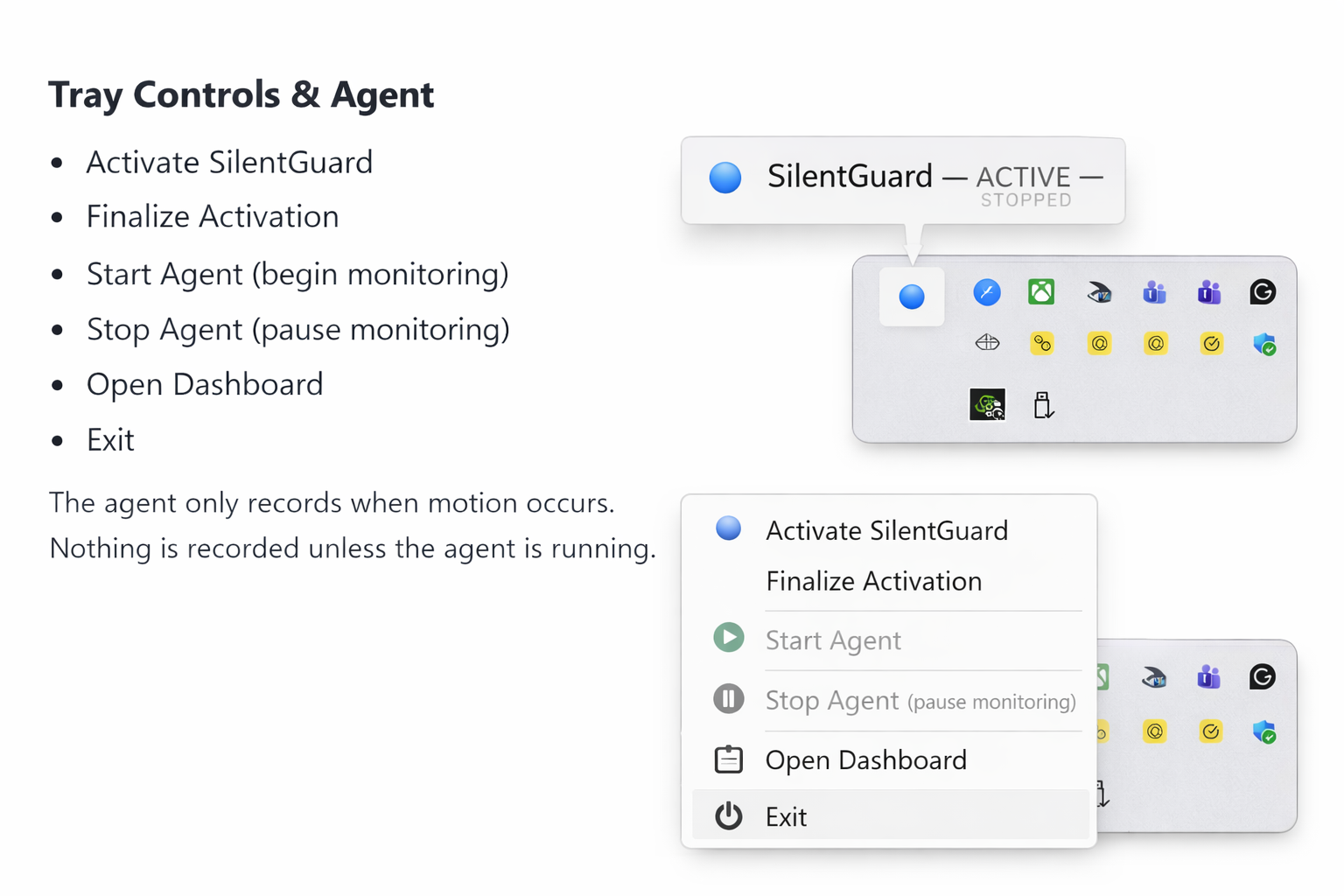 SilentGuard tray icon and activation menu